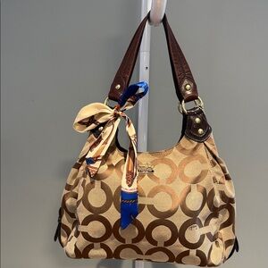 Coach Brown and Tan Signature Shoulder Bag with Scarf and dust bag